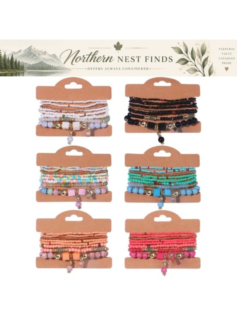 Boho Beaded Bracelets for Women Stackable Stretch Artificial Pearl 6 Sets